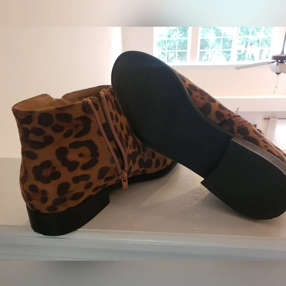 Leopard Print Ankle Boots, Flat Zip-Up Animal Print Booties
